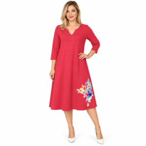 Rochie damă corai din jerse cu imprimeu, produs România