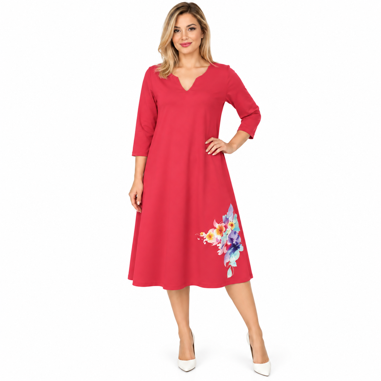 Rochie damă corai din jerse cu imprimeu, produs România