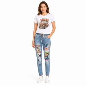 Pantaloni damă denim cu imprimeu, import Italia