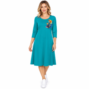 Rochie dama turcoaz midi cu imprimeu, produs Romania