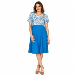 Rochie A line, din in mercerizat, albastra cu platca imprimata