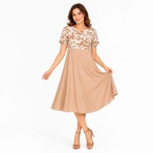 Rochie A line, din in mercerizat, bej cu platcă imprimată
