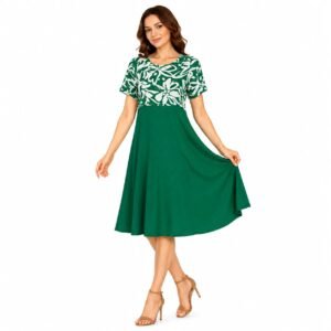 Rochie A line, din in mercerizat, verde cu platcă imprimată