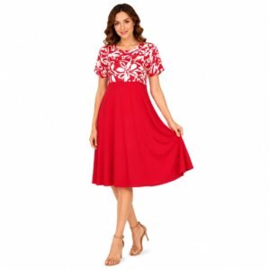Rochie A line, din in mercerizat, roșie cu platca imprimata