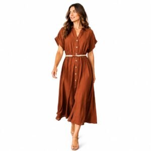Rochie midi maro casual cu nasturi și cordon în talie,produs Italia