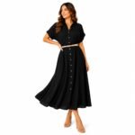 Rochie midi negră casual cu nasturi și cordon în talie,produs Italia