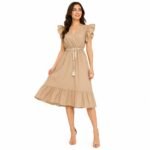 Rochie midi bej cu volane și cordon în talie,import Italia