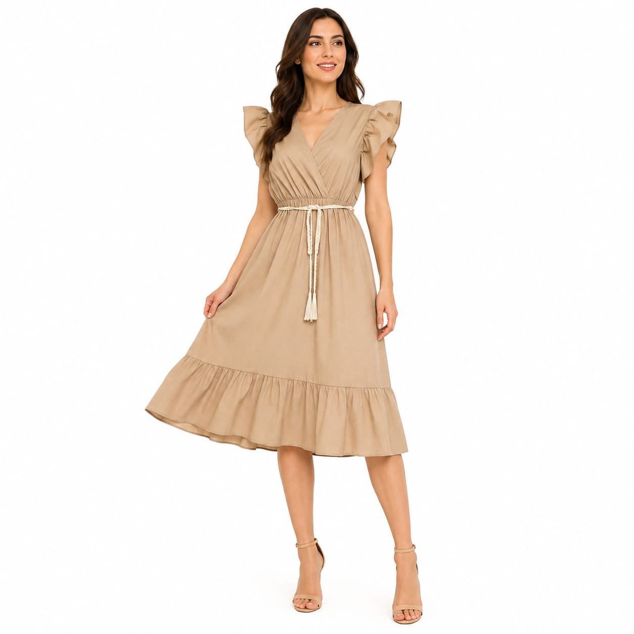 Rochie midi bej cu volane și cordon în talie,import Italia