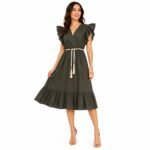 Rochie midi kaki cu volane și cordon în talie,import Italia