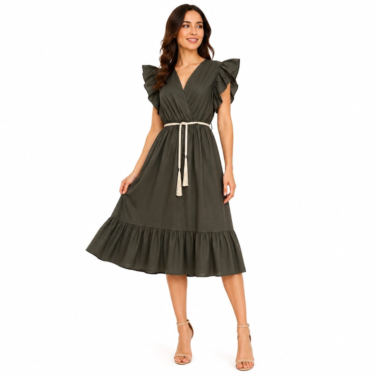 Rochie midi kaki cu volane și cordon în talie,import Italia
