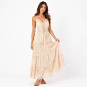 Rochie lungă crem cu dantelă brodată,import Italia