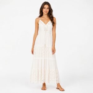 Rochie lungă albă cu dantelă brodată,import Italia