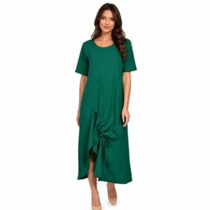 Rochie lungă verde din In mercerizat cu șiret ,produs România