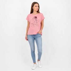 Tricou damă roz pudrat cu imprimeu artistic,produs România