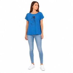 Tricou damă albastru cu imprimeu artistic,produs România