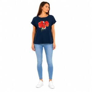 Tricou damă albastru petrol cu imprimeu artistic,produs România