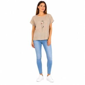 Tricou damă bej cu imprimeu artistic,produs România
