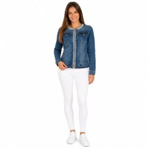 Geacă din denim albastru cu perle decorative și strasuri elegante