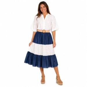 Rochie damă midi albă și albastră cu broderie englezescă