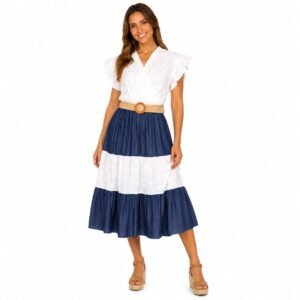 Rochie damă midi albă și albastră cu broderie englezescă