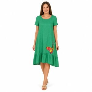 Rochie damă din In verde cu imprimeu fluture,produs România