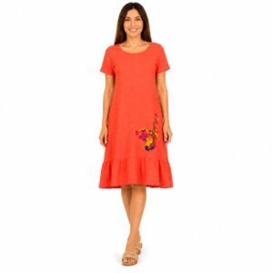 Rochie damă din In portocaliu cu imprimeu fluture,produs România
