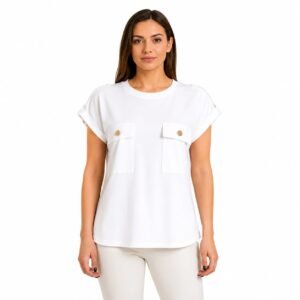 Tricou damă alb cu buzunare frontale,produs Italia