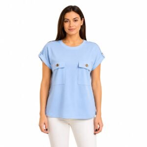 Tricou damă bleu cu buzunare frontale,produs Italia