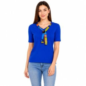 Tricou damă albastru royal cu cravată decorativă,produs România