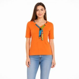 Tricou damă portocaliu cu cravată decorativă,produs România