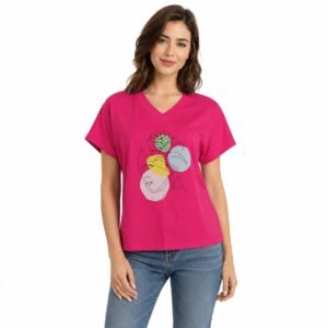 Tricou damă fucsia cu imprimeu artistic,produs România
