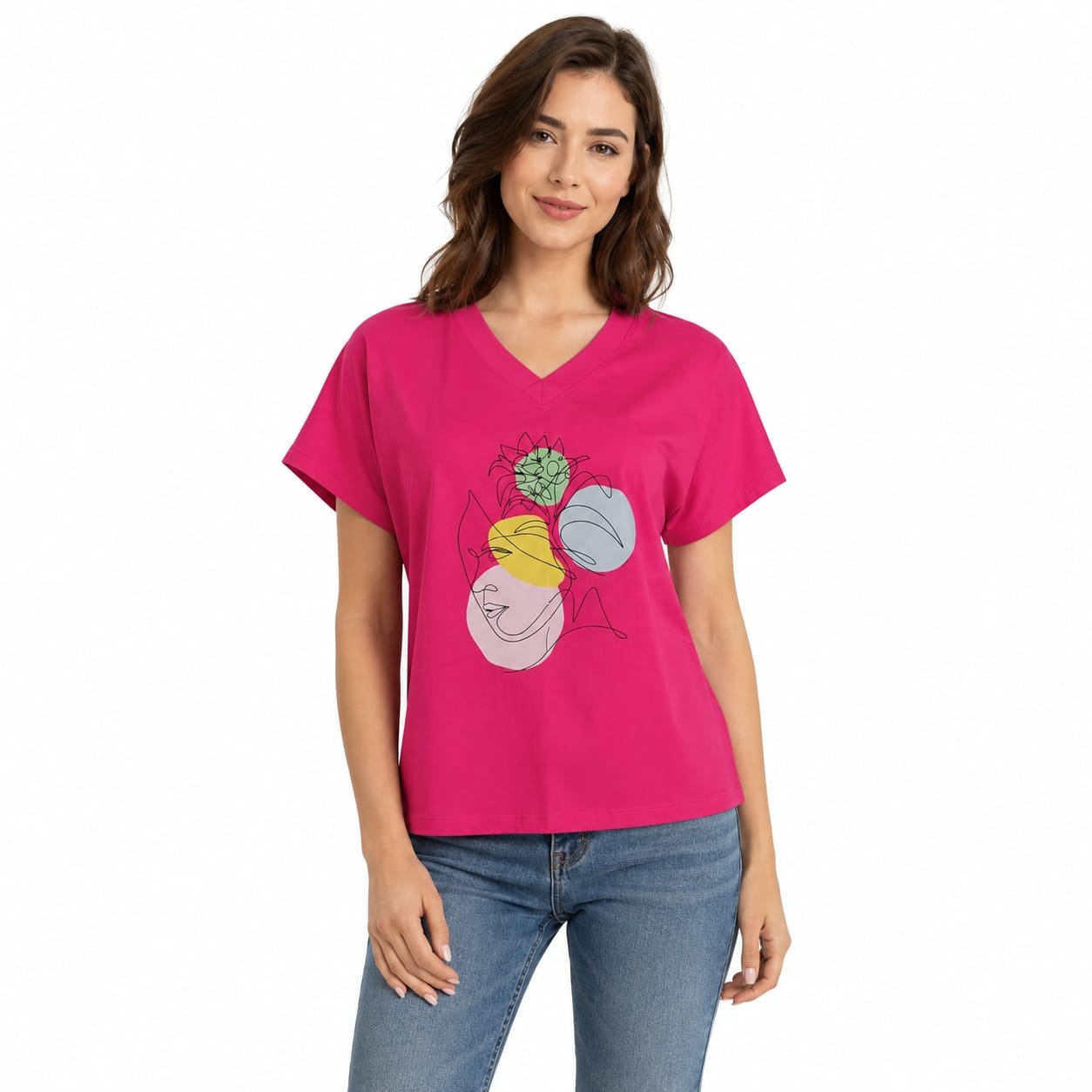 Tricou damă fucsia cu imprimeu artistic,produs România