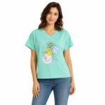 Tricou damă verde mentă cu imprimeu artistic,produs România