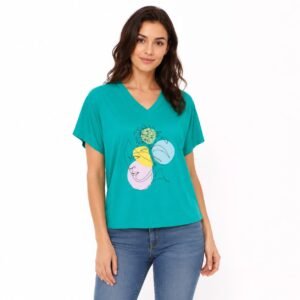 Tricou damă turcoaz cu imprimeu artistic,produs România