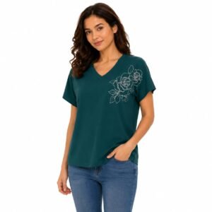 Tricou damă verde petrol cu imprimeu artistic,produs România