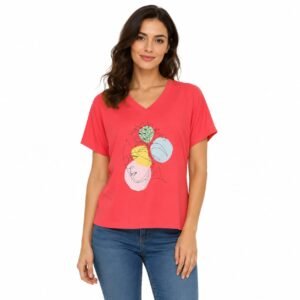 Tricou damă coral pink cu imprimeu artistic,produs România