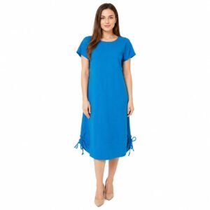 Rochie casual albastră din In cu șnur,produs România