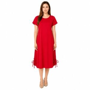 Rochie casual roșie din In cu șnur,produs România