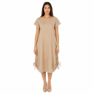 Rochie casual crem din In cu șnur,produs România