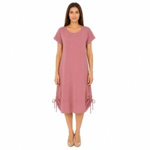 Rochie casual roz pudrat din Vâscoză cu șnur,produs România