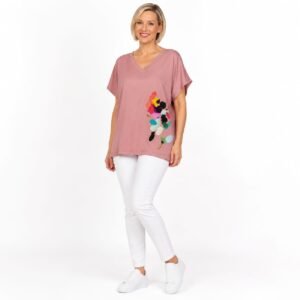 Tricou damă roz prăfuit cu imprimeu artistic,produs România