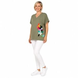 Tricou damă kaki cu imprimeu artistic,produs România