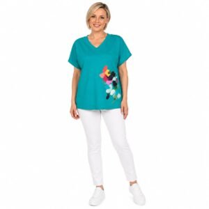 Tricou damă turcoaz cu imprimeu artistic,produs România
