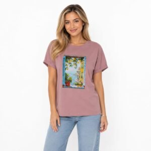 Tricou damă roz pudrat cu aplicație cusută,produs România