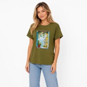 Tricou damă kaki cu aplicație cusută,produs România