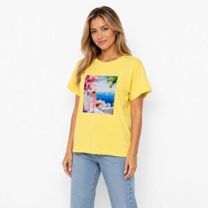 Tricou damă galben cu aplicație cusută,produs România