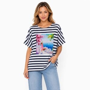 Tricou damă în dungi bleumarin, aplicație cusută,produs România