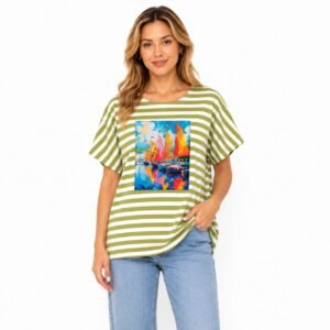 Tricou damă dungi oliv cu aplicație cusută,produs România