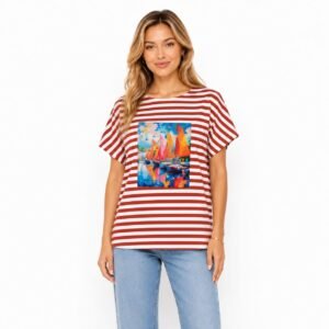 Tricou damă în dungi căramiziu, aplicație cusută,produs România