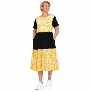 Rochie damă galben cu flori albe cu platcă,produs România